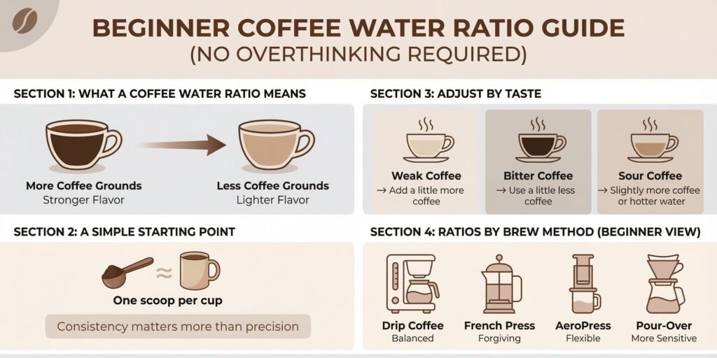 Beginner coffee water ratio guide showing how coffee-to-water ratios affect strength, a simple starting point, and how to adjust by taste across drip coffee, French press, AeroPress, and pour-over.