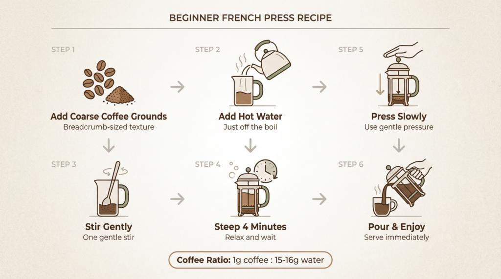 Step-by-step beginner French press coffee recipe showing coarse grind, hot water, gentle stir, four-minute steep, slow press, and pouring.