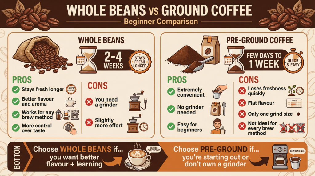 Beginner-friendly infographic comparing whole beans and ground coffee, showing freshness timelines, pros and cons, brew method suitability, and recommendations for which beginners should choose.