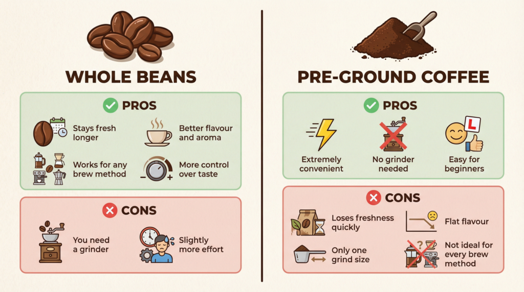 Infographic comparing whole beans vs pre-ground coffee for beginners, showing the pros and cons of each option including freshness, flavour, convenience, and equipment needed.