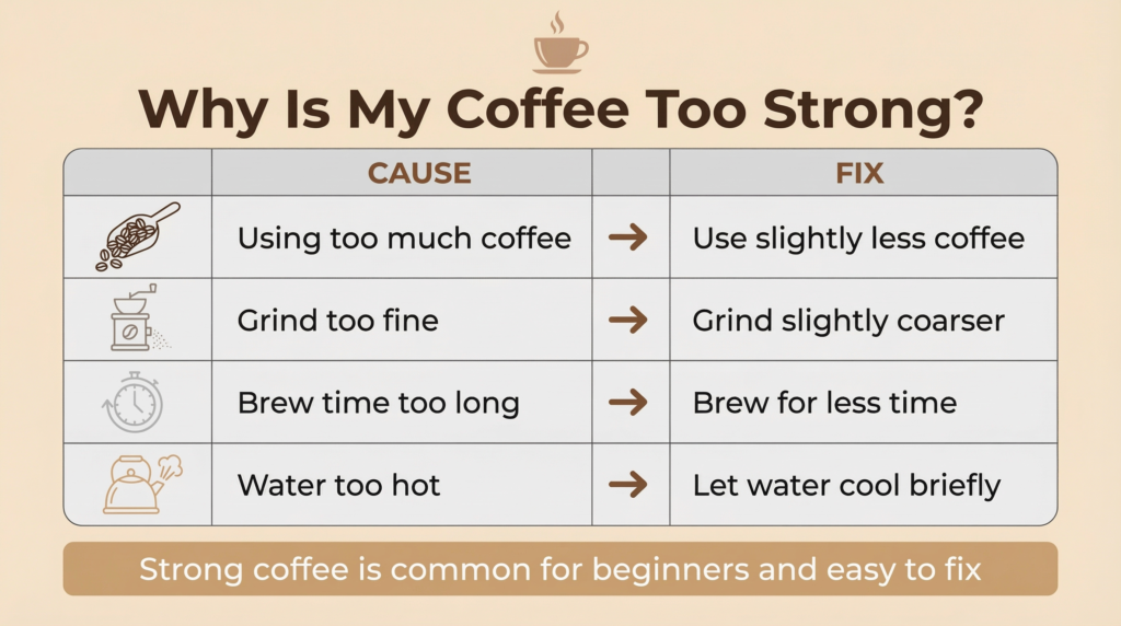 Infographic showing common causes of coffee that tastes too strong and how to fix them, including using too much coffee, grinding too fine, brewing too long, and water that is too hot.