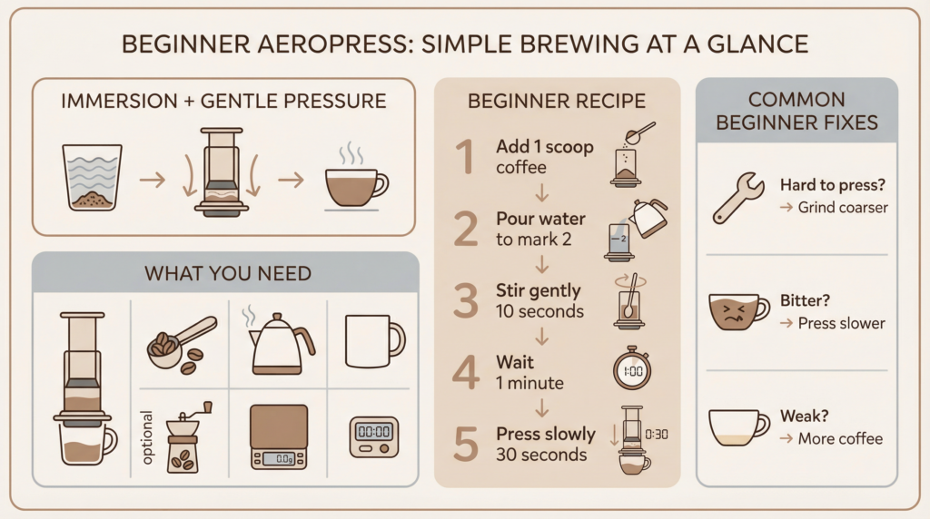 Beginner Aeropress Recipe infographic showing simple brewing steps and common fixes