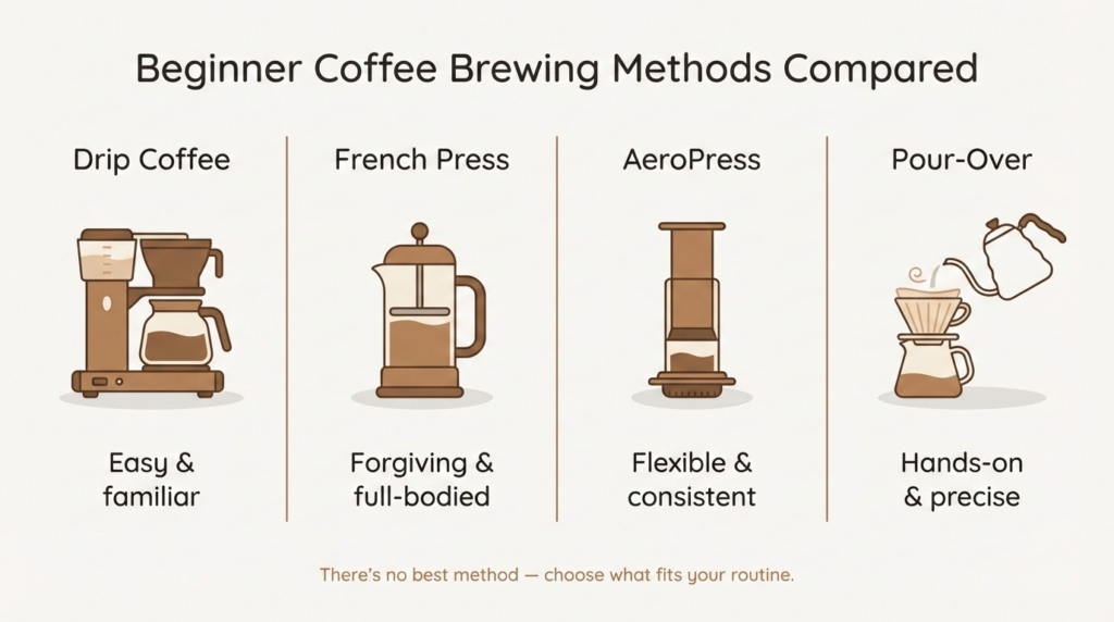 Beginner coffee brewing methods compared including drip coffee, French press, AeroPress, and pour-over