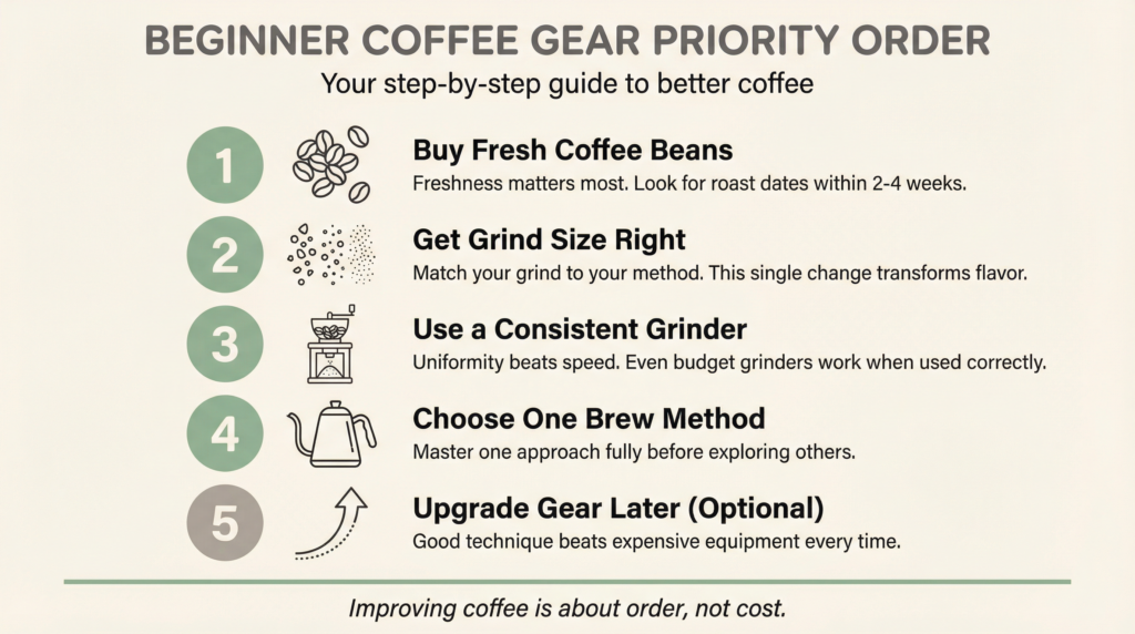 Beginner coffee gear priority order showing step-by-step focus on fresh beans, grind size, consistent grinder, one brew method, and upgrading gear later.
