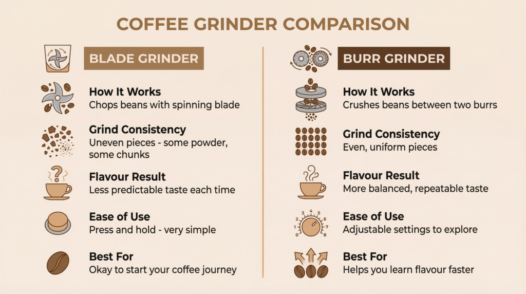 Beginner comparison of blade grinder vs burr grinder showing grind consistency, flavour results, and ease of use
