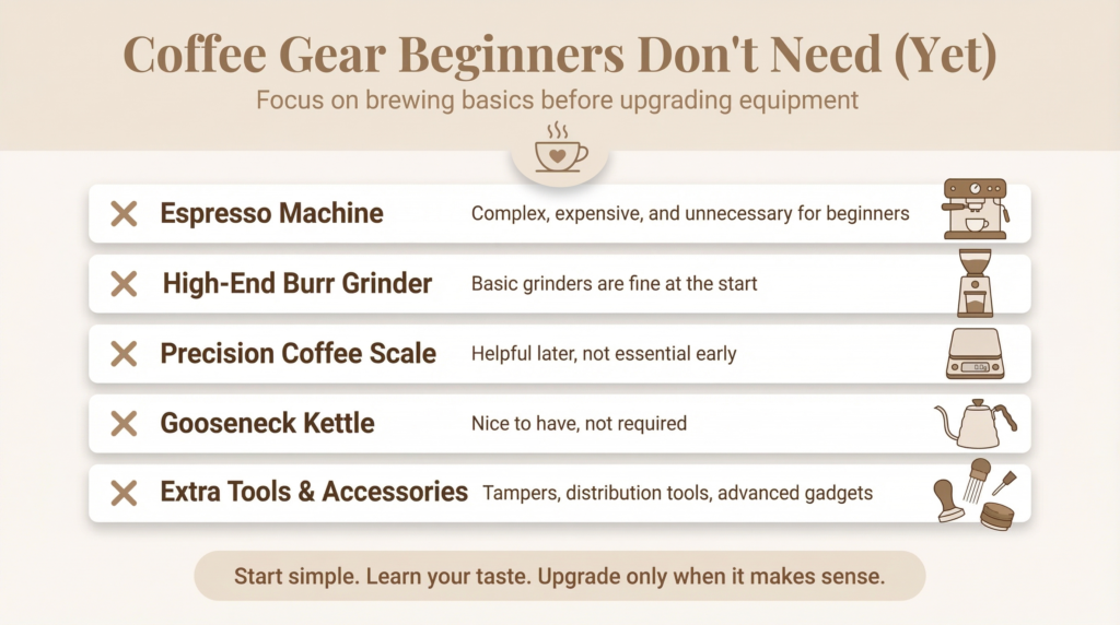 Infographic showing coffee gear beginners don’t need yet, including espresso machines and precision scales