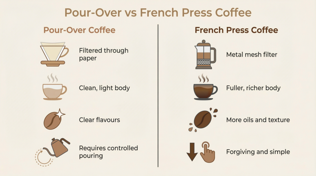 Pour-over vs French press coffee comparison showing differences in filtering, body, flavour clarity, and ease of use for beginners.
