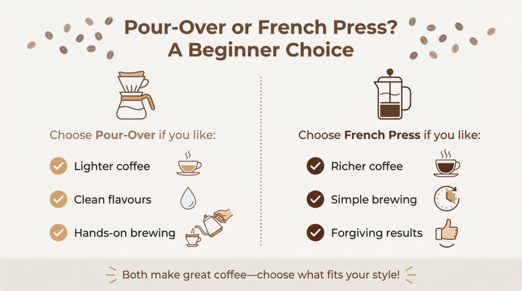 pour-over vs French press coffee comparison infographic for beginners
