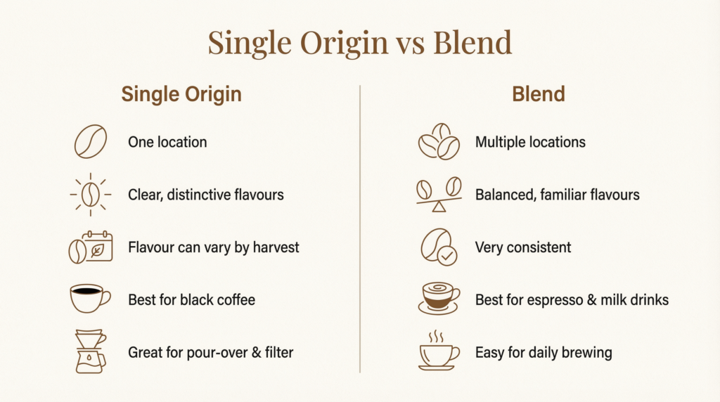 Infographic comparing single origin coffee and blends, showing flavour, consistency, and best uses. Single Origin vs Blend comparison.