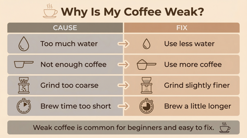 Infographic showing common reasons why is my coffee weak and how to fix them, including too much water, not enough coffee, coarse grind size, and short brew time.