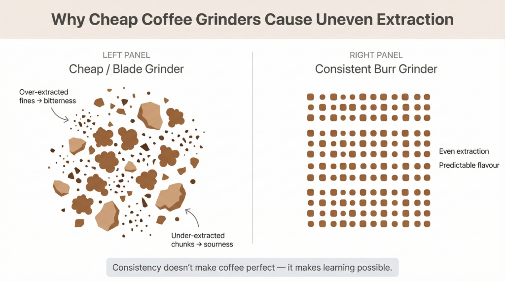 Why cheap coffee grinders cause uneven extraction,