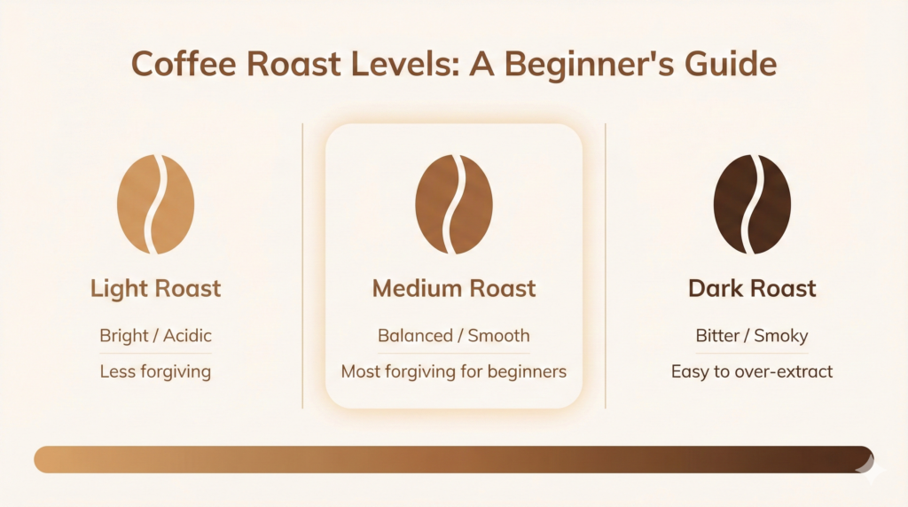 Best medium roast coffee for beginners - Coffee roast levels comparison showing light, medium, and dark roast, with medium roast highlighted as the most forgiving option for beginners.