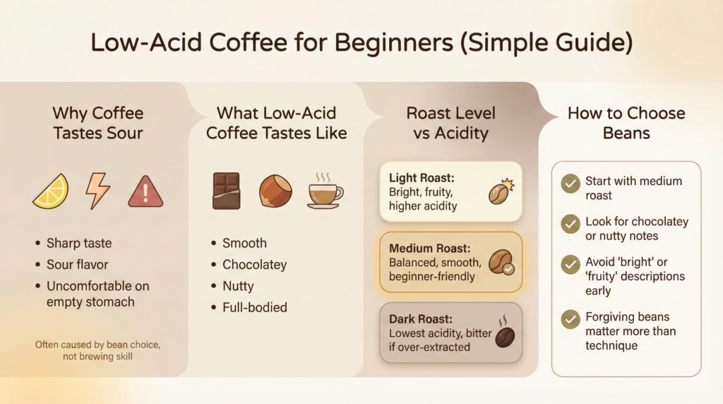 Infographic explaining low-acid coffee for beginners, including why coffee tastes sour, how roast level affects acidity, and how to choose smoother coffee beans. Best Coffee Beans for Beginners Who Don't like Acidic Coffee.
