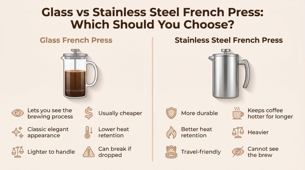 Glass vs stainless steel French press comparison showing durability, heat retention, weight, price and beginner-friendly differences