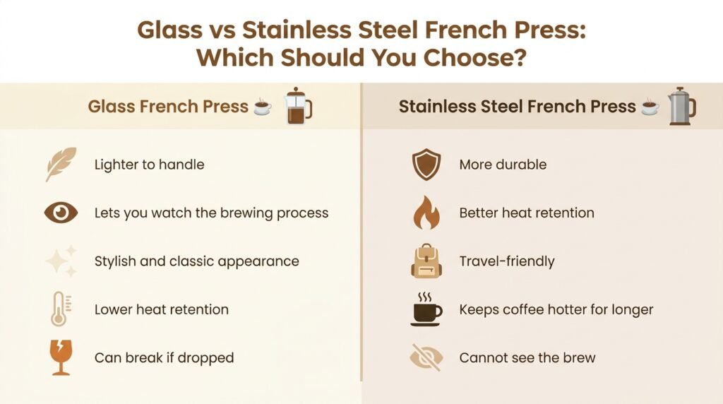 Glass vs stainless steel French press comparison infographic showing durability, heat retention, and brewing differences for beginners - Best french press under $50