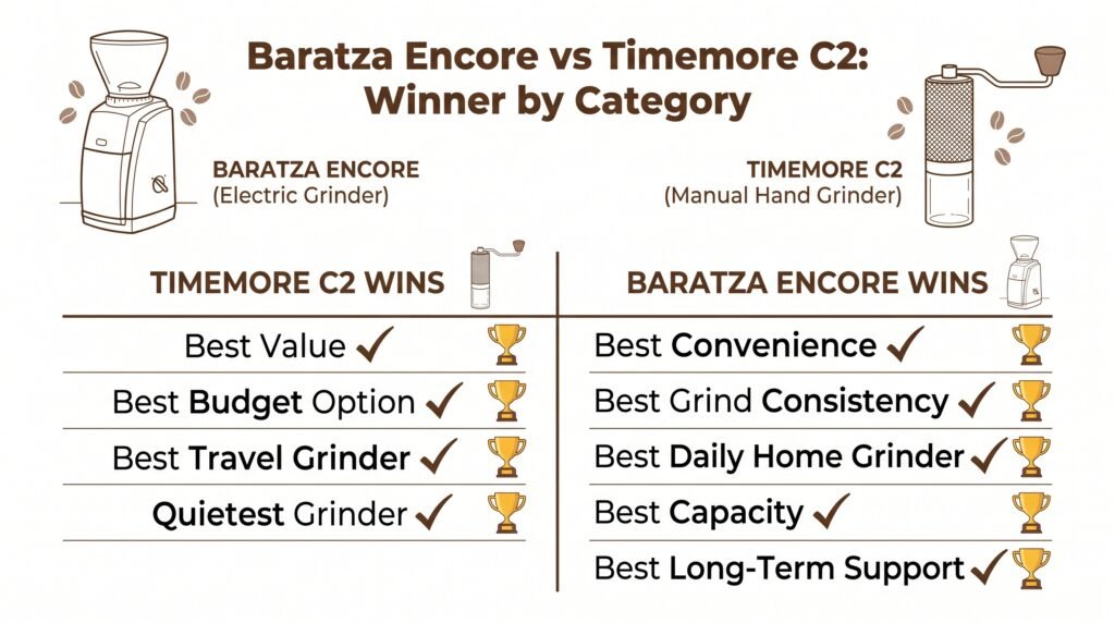 Baratza Encore vs Timemore C2: Winner by Category