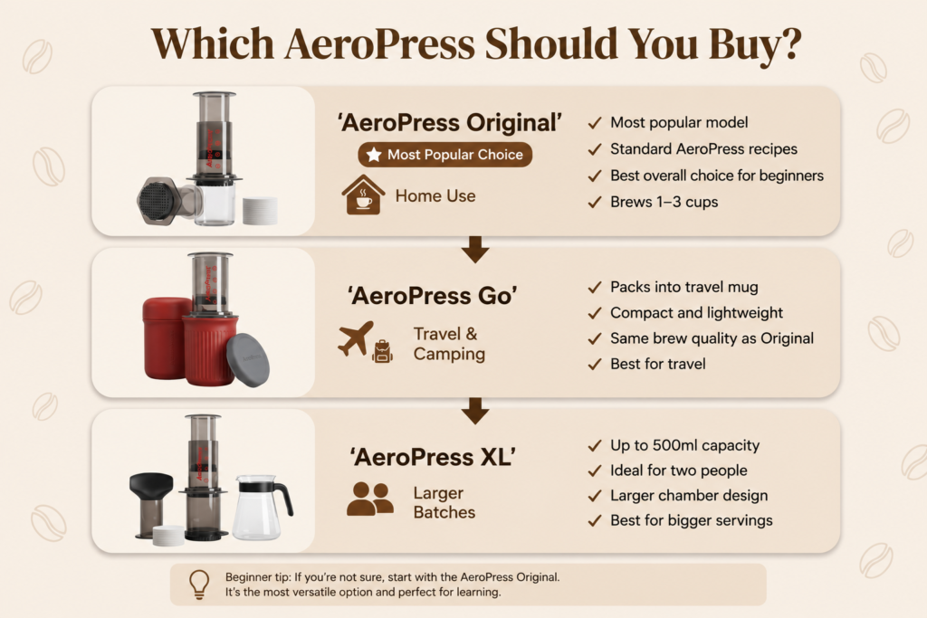 aeropress review: AeroPress comparison infographic showing AeroPress Original, AeroPress Go and AeroPress XL with features, capacity and recommended use cases for beginners.
